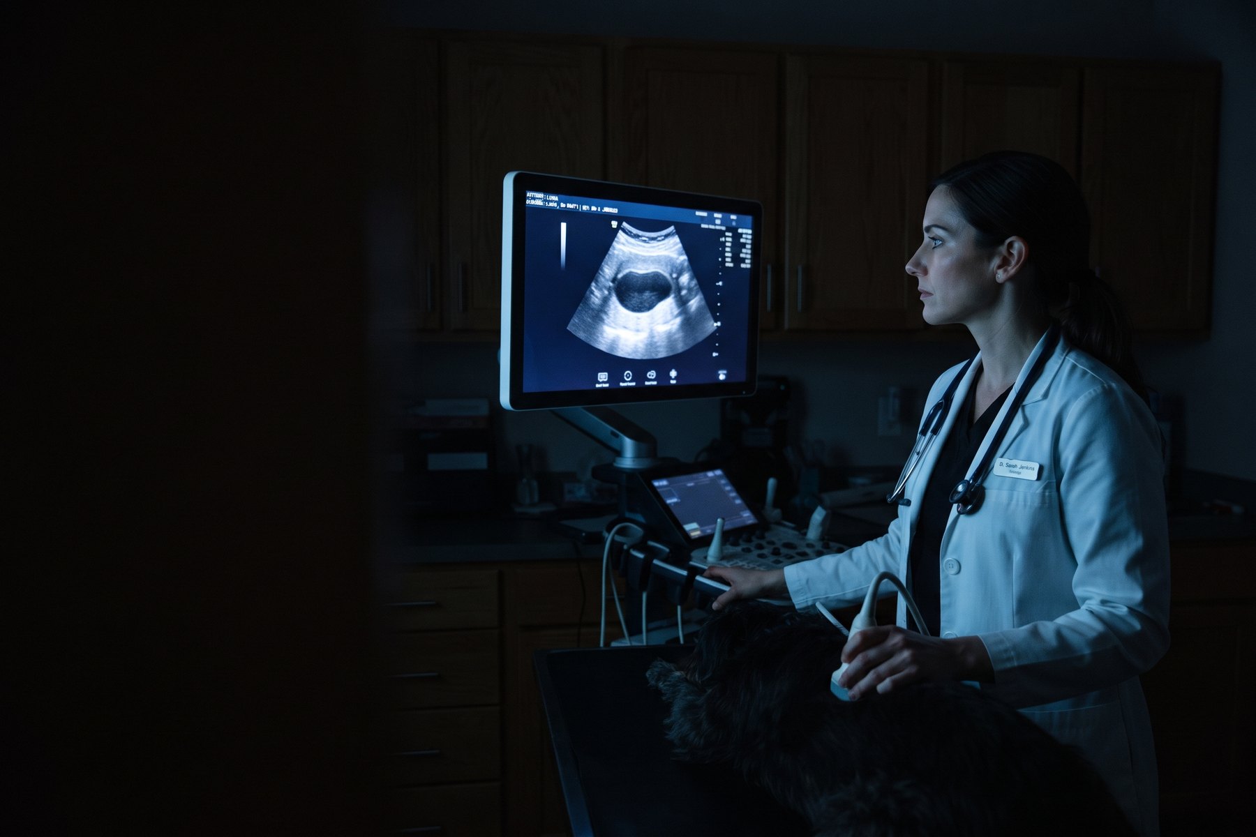 Tierärztin vor einem Ultraschallmonitor
