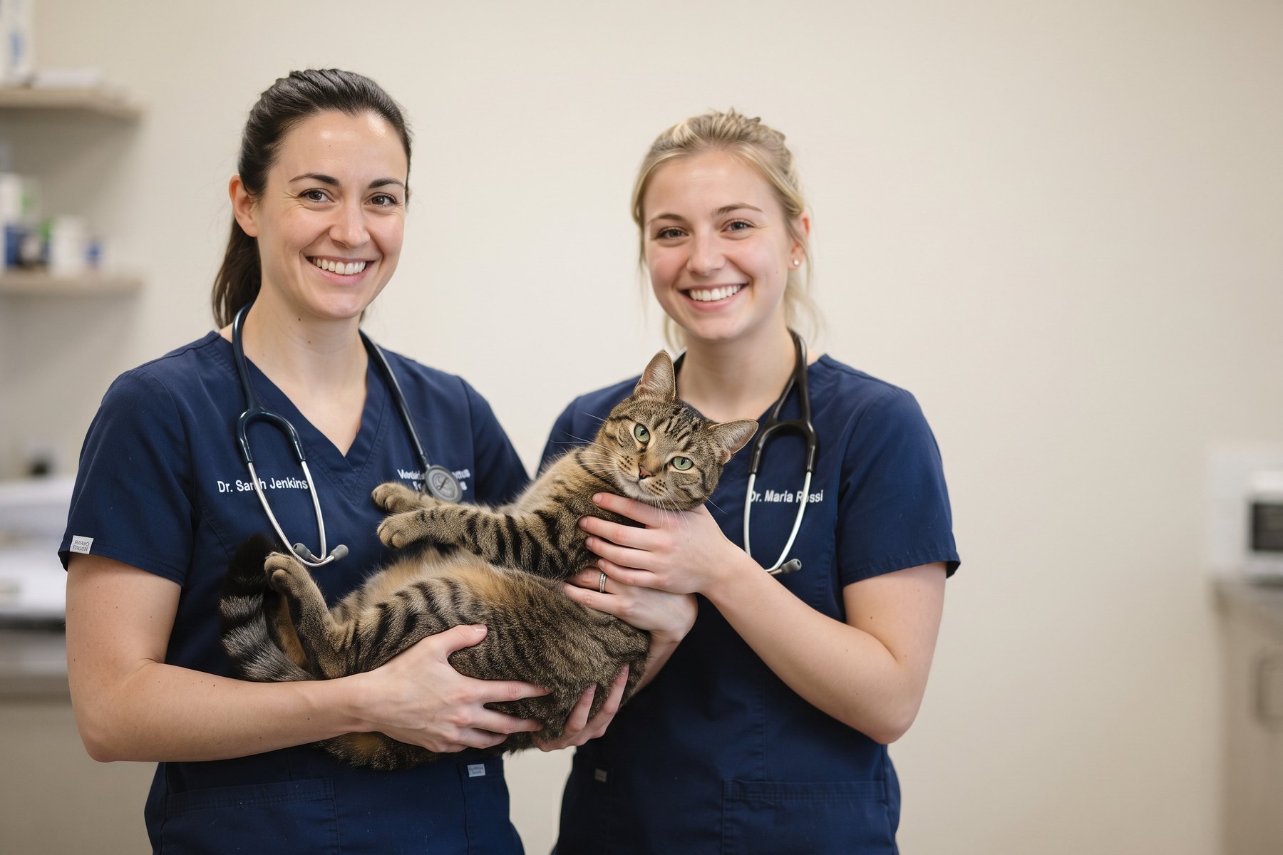 Zwei Tierärztinnen halten eine getigerte Katze
