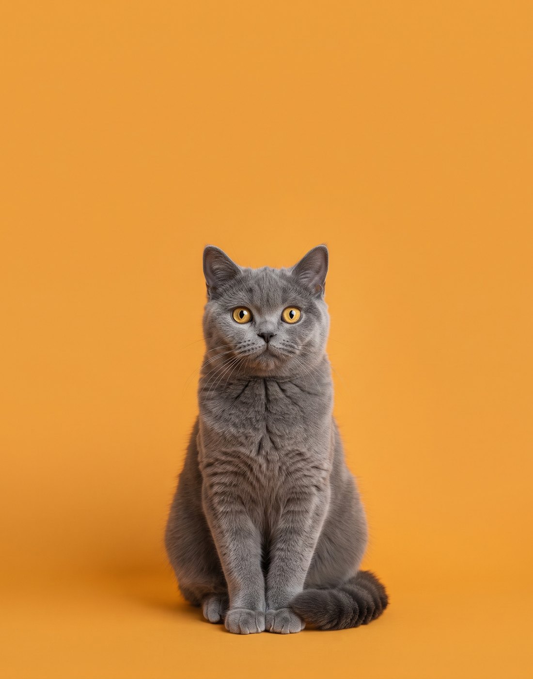 Graue Katze vor orangefarbenem Hintergrund