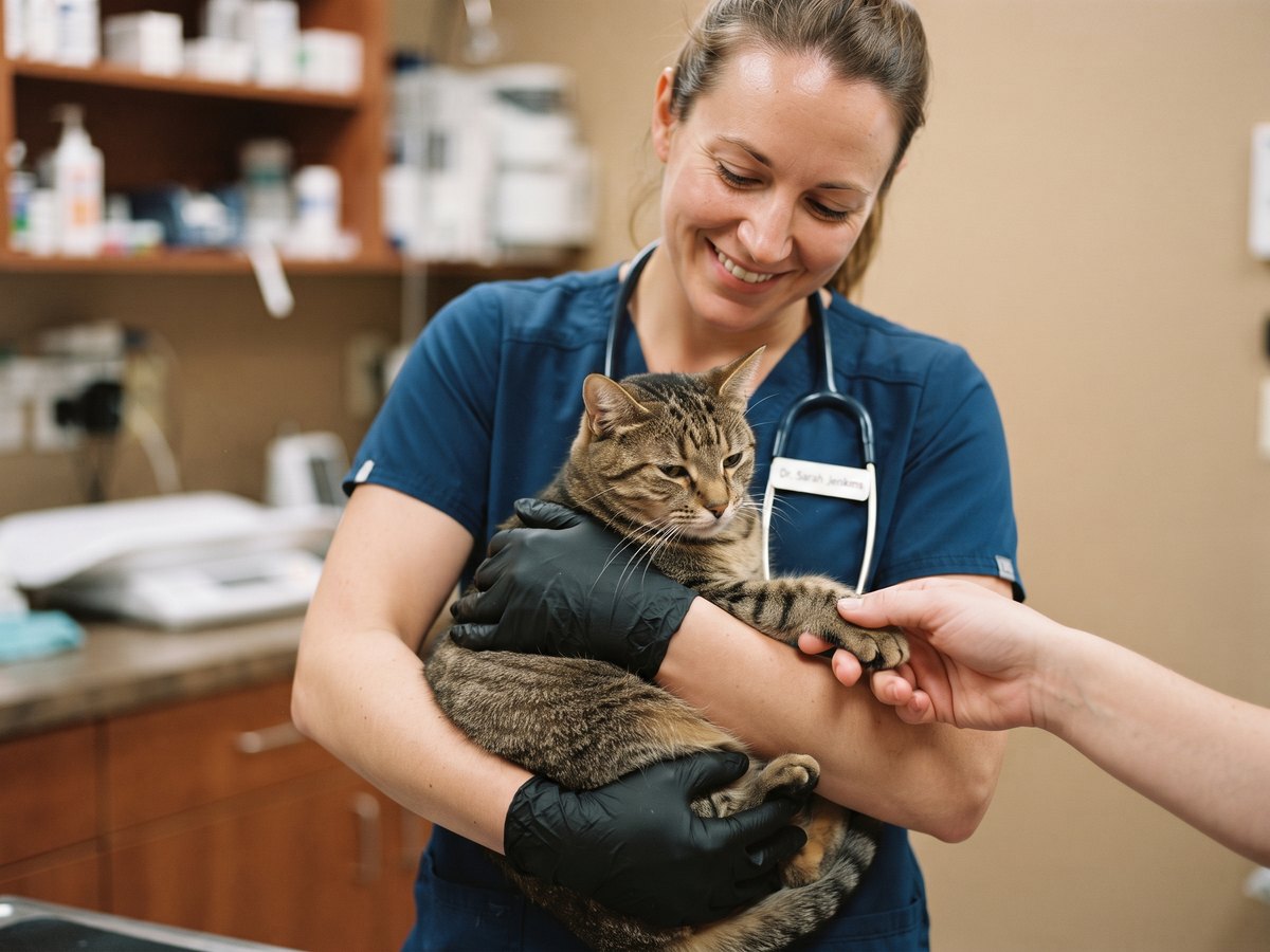 Katze liegt ruhig auf dem Arm einer Tierärztin