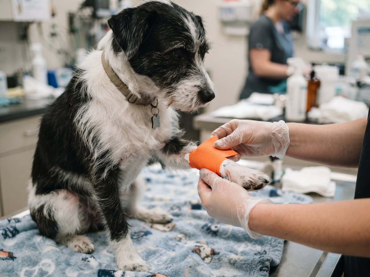 Hund bekommt einen Verband angelegt
