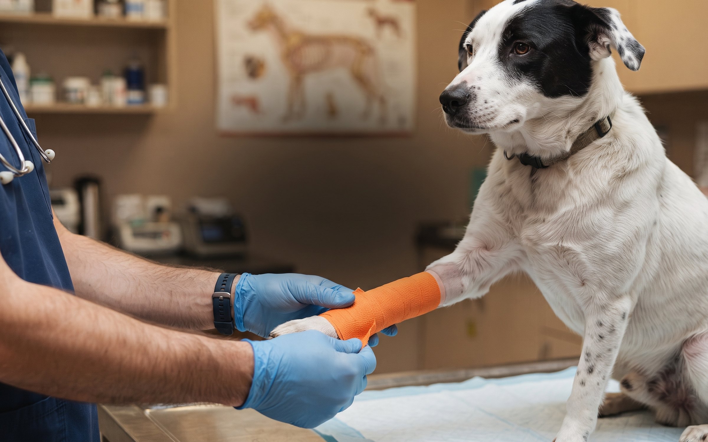 Tierärztin legt einem Hund einen orangefarbenen Verband an