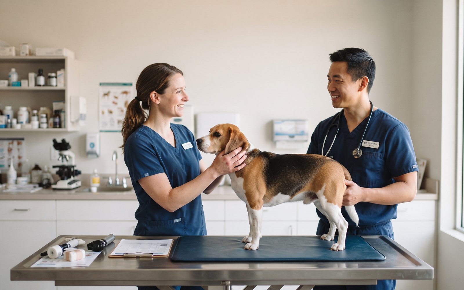 Zwei Tierärzte untersuchen gemeinsam einen Beagle